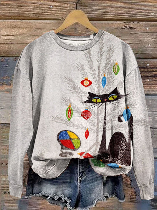 Vintage Christmas Funny Cat Art Print Casual Sweatshirt