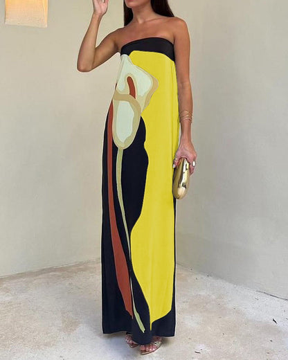 Backless Wrap Chest Printed Slim Sleeveless Long Dress