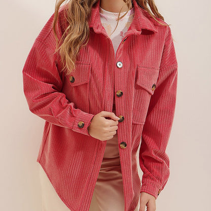 Coat Loose Corduroy Pocket Long Sleeve Irregular Cardigan Shirt Women