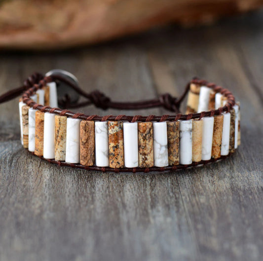 Unisex Tube Shape White Pine Picture Natural Stone Ethnic Style Bracelet