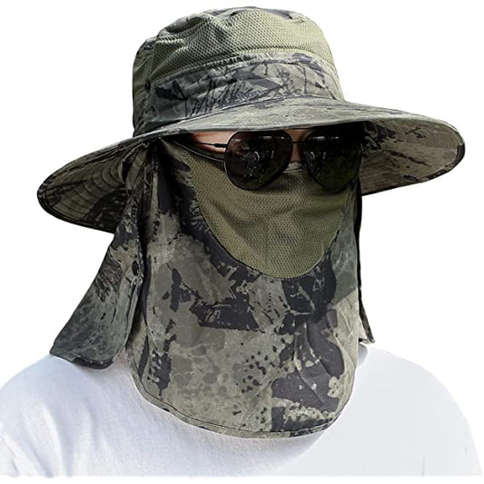 UPF 50+ Sun Fishing Hat for Men Women Wide Brim Hat with Detachable Face Cover & Neck Flap Khaki