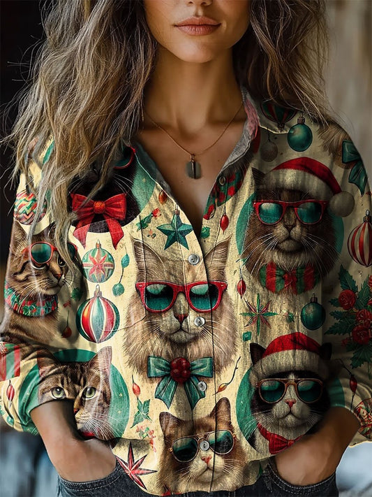 Women's Vintage Christmas Cat Art Print Casual Long Sleeve Comfortable Cotton Shirt