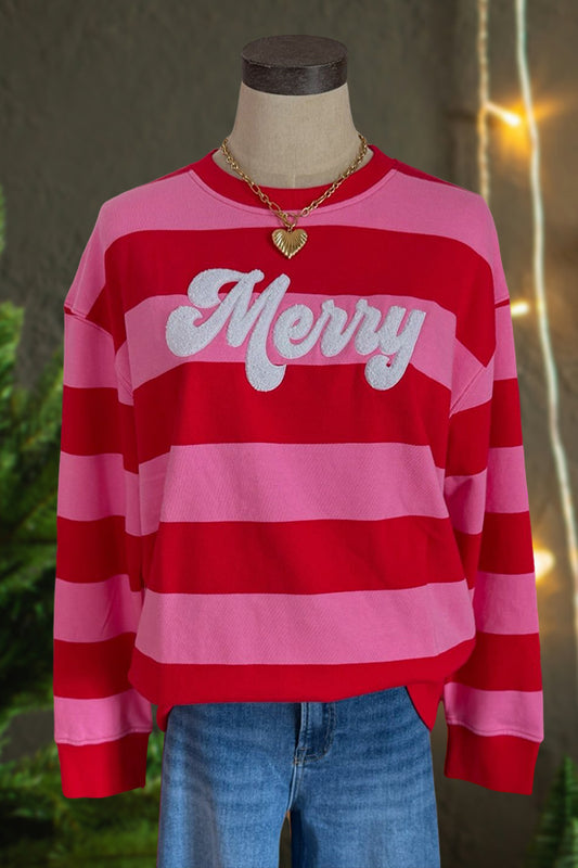 Retro Striped Merry Print Sweatshirt