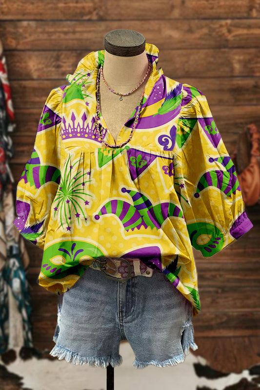 Cute Mardi Gras Puff Sleeve Blouse