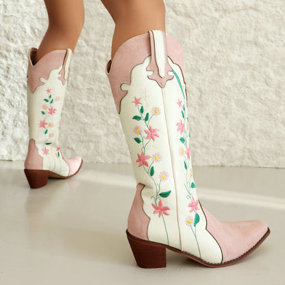 Womens Cowboy Flower Embroidered High Western Boots