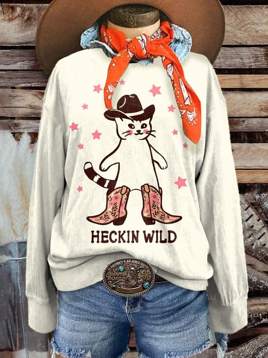 Women's Heckin Wild Cat Casual Print Corduroy Sweatshirt