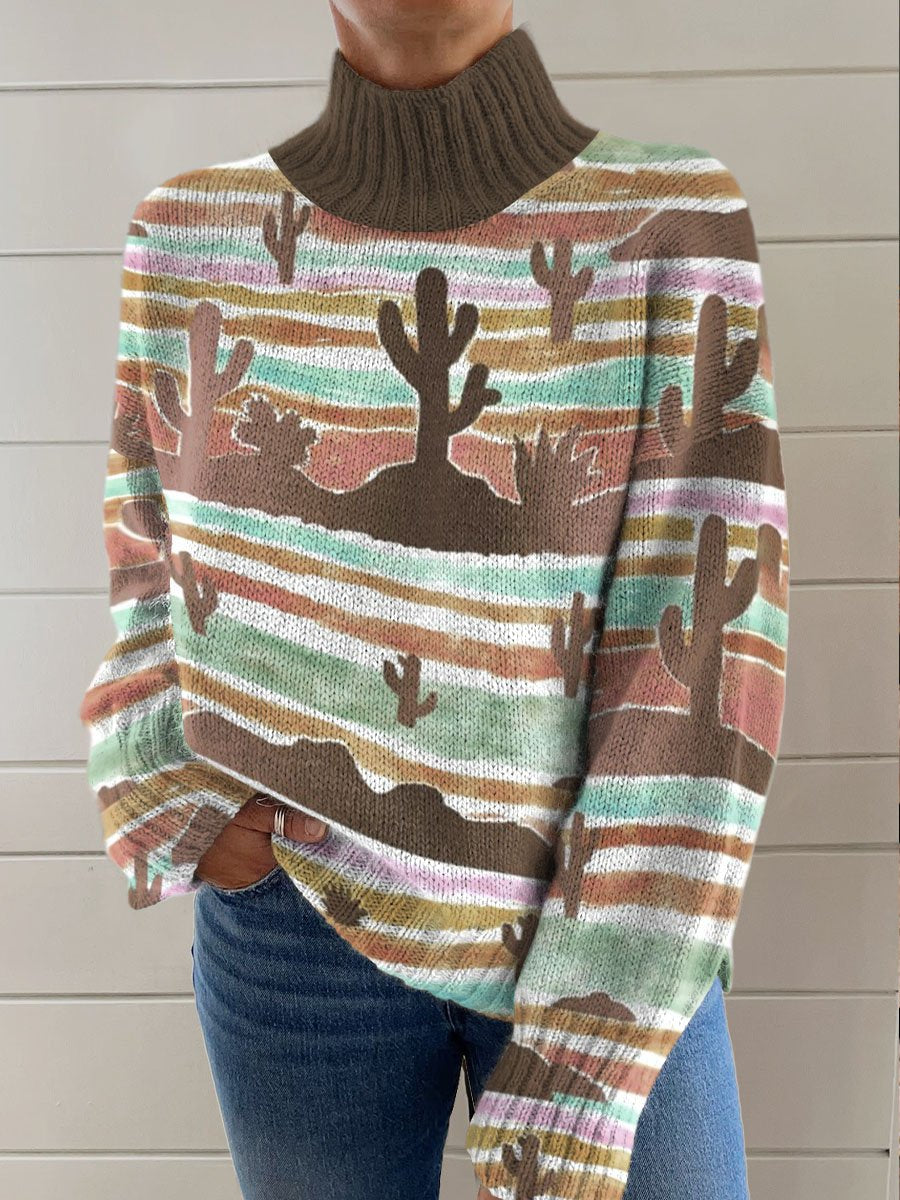 Colorful Stripes Silhouette Cactus Printing Knit Turtleneck Pullover Sweater