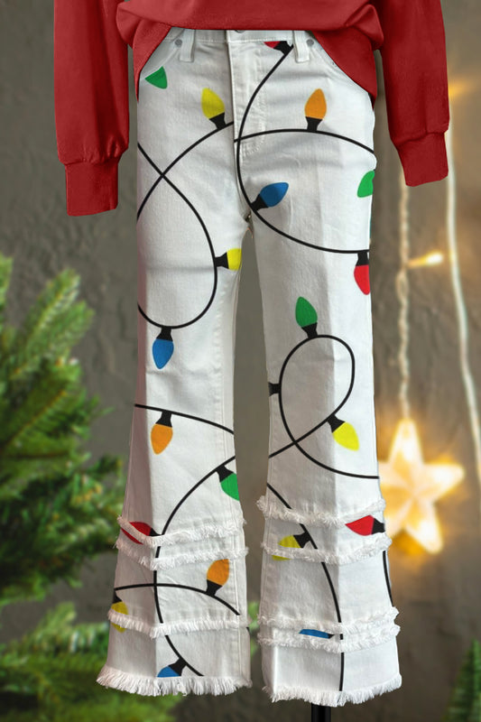 Classic Christmas Lights Print Fringed Pants