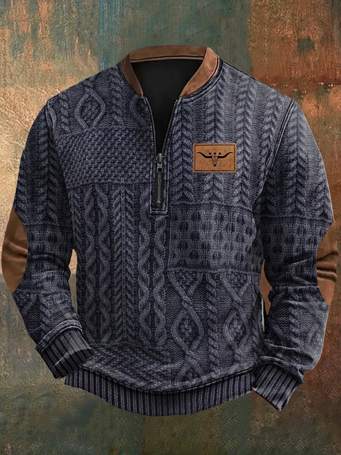 Men's Vintage Western Knit Print Zip-Neck Sweatshirt