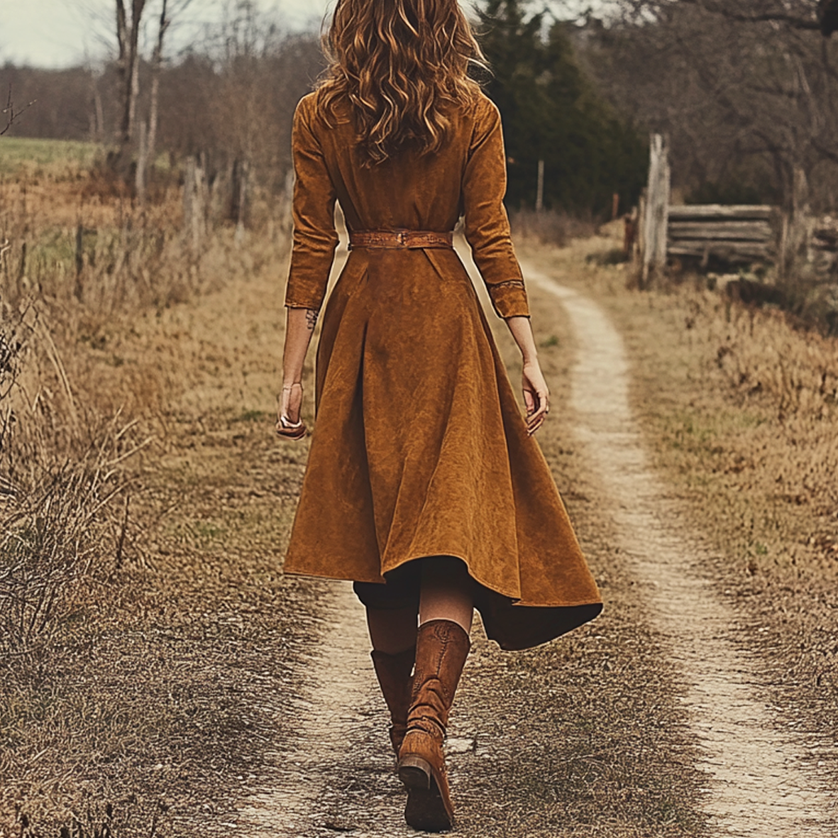 Ladies Vintage Western Style Pastoral Shirt Collar Pocket Rustic Boho Saddle Brown Chamois Dress