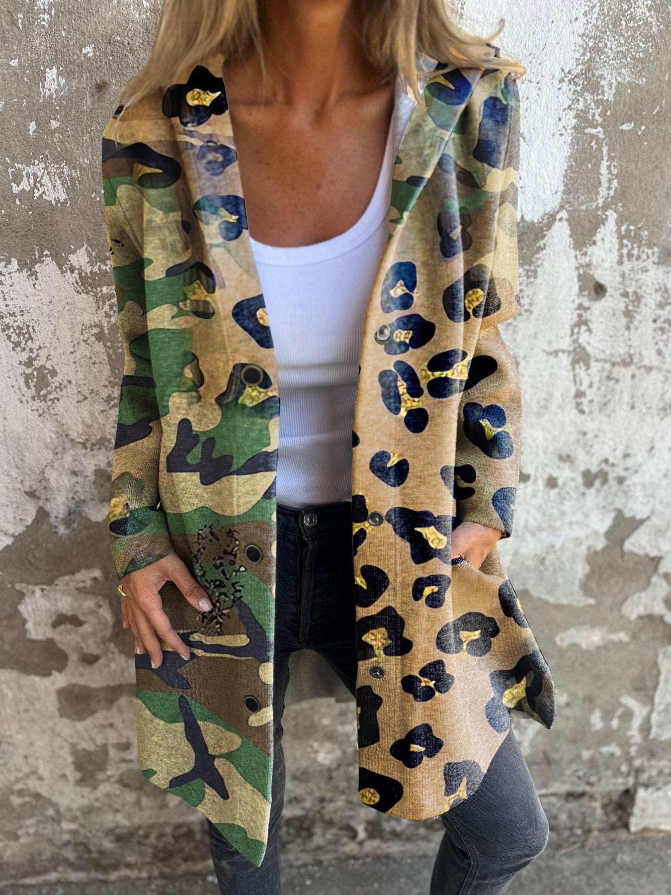 Vintage Leopard Camouflage Print Button Hooded Jacket