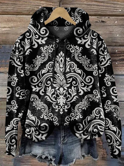 Vintage Floral Symmetrical Pattern Printed Casual Hoodie Sweatshirt