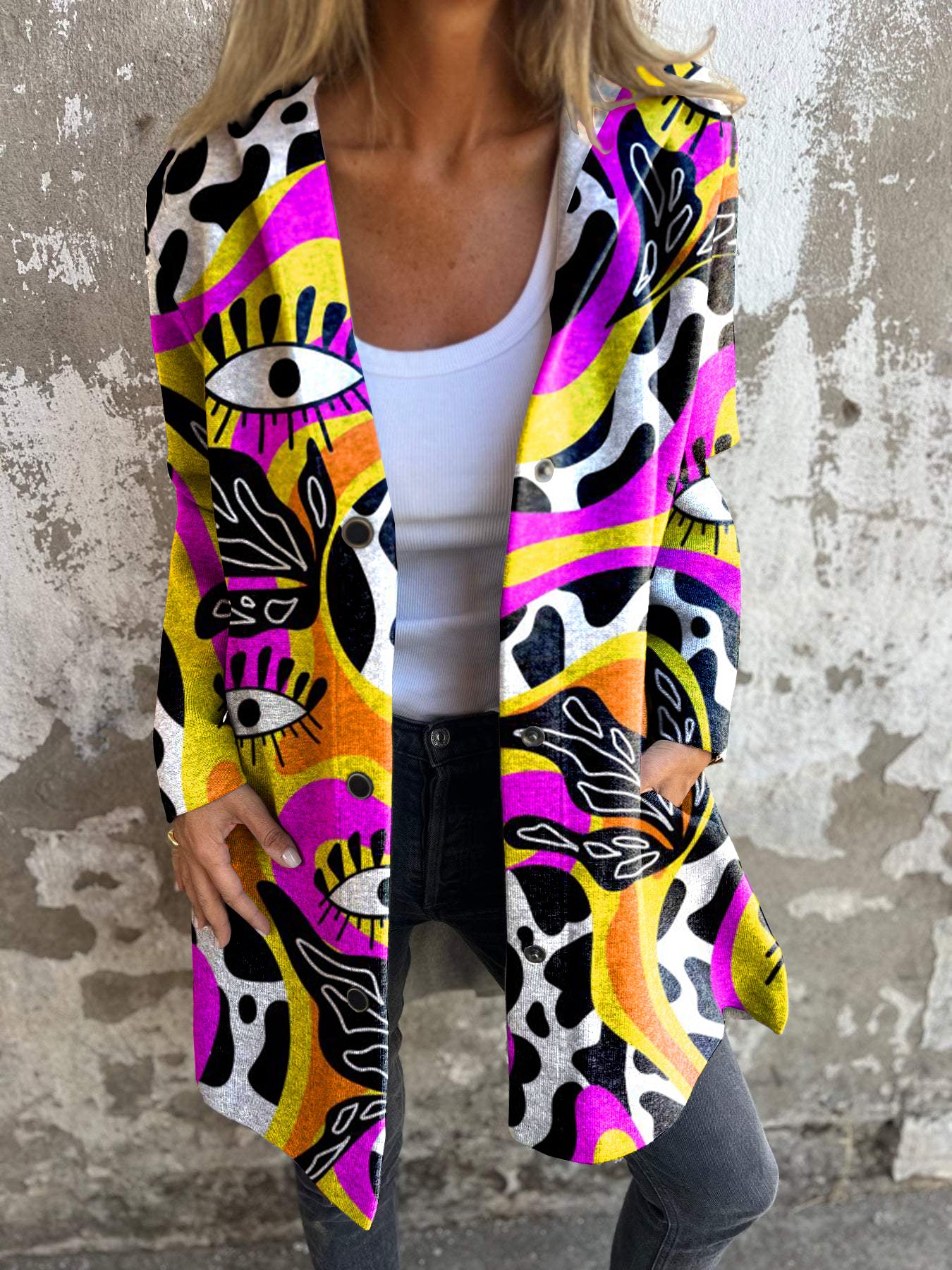 Retro Hippie Psychedelic Print Button Hooded Jacket