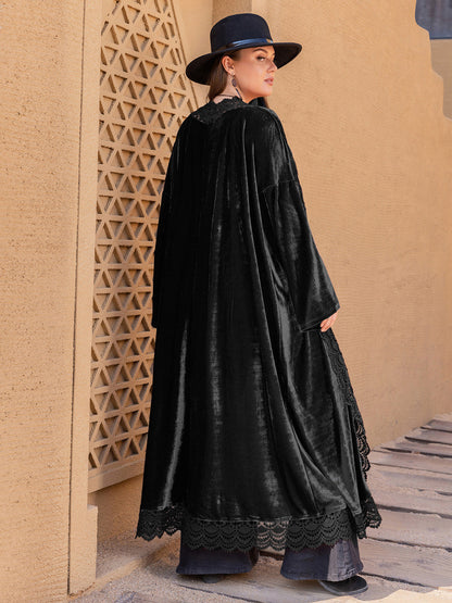 Lightweight Velvet Plus Size Lace Detail Long Sleeve Cardigan Duster