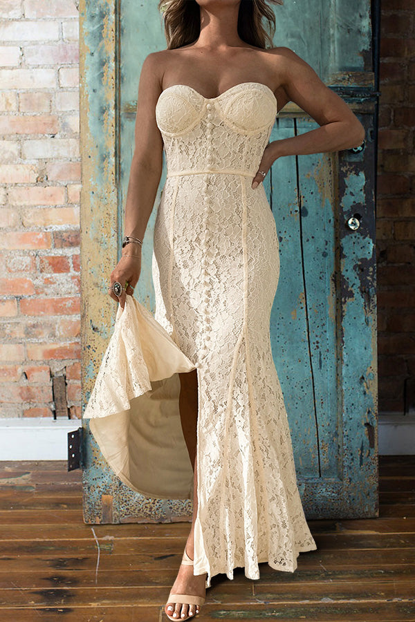 Beautiful Sweetheart Neckline Slit Strapless Lace Maxi Dress