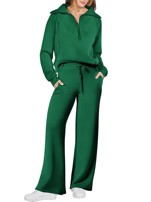 Women's casual sports suit zippered long-sleeved sweatshirt wide-leg pants two-piece set