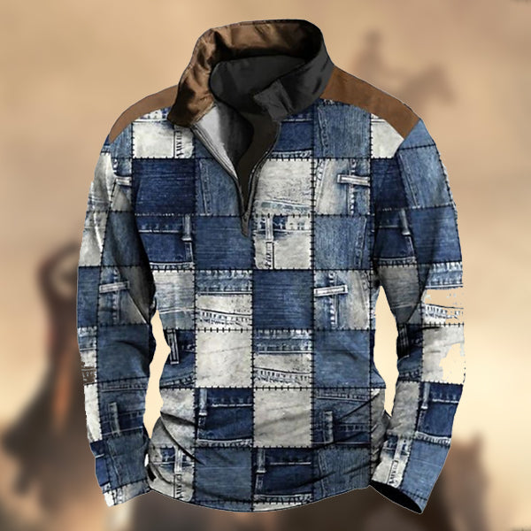 Men's Vintage Patchwork Print Zip-Up Stand Collar Sweatshirt