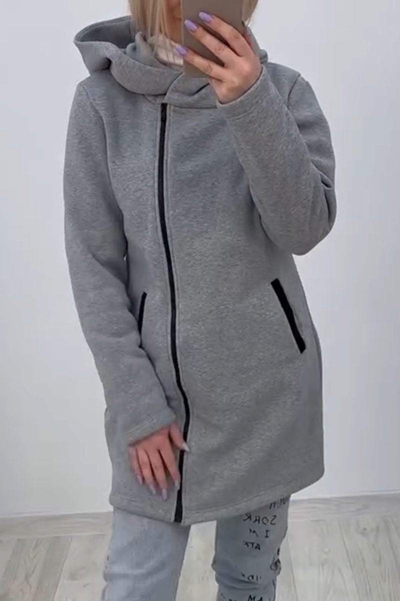 Women's Casual Solid Color Zipper Hooded Cardigan