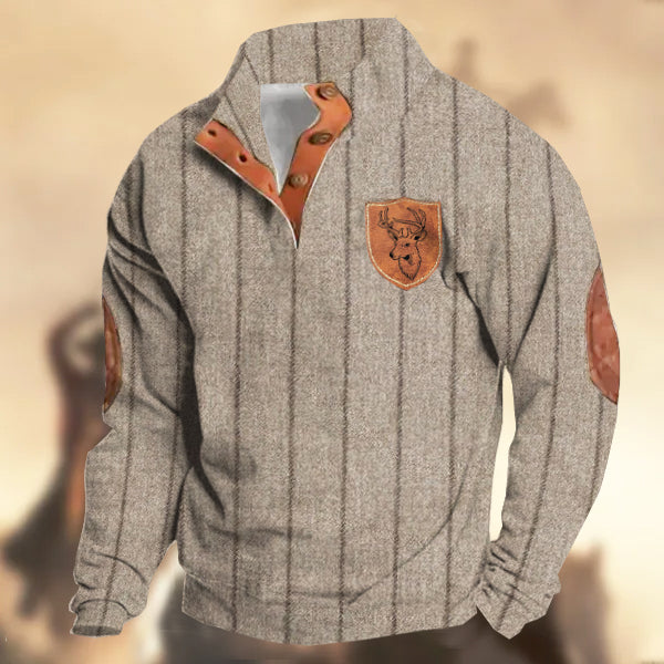 Men's Vintage Country Western Striped Cashmere Fabric Elk Logo Stand Collar Sweatshirt