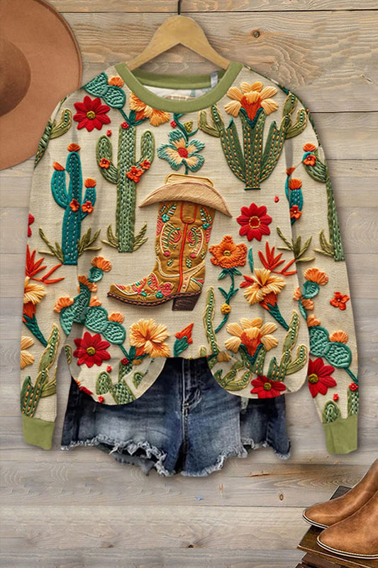 Vintage Western Boots Floral Art Printed Sweatshirt