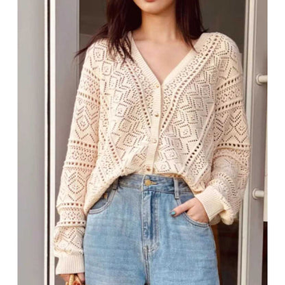 V-neck Hook Flower Hollow Knitted Cardigan Blouse