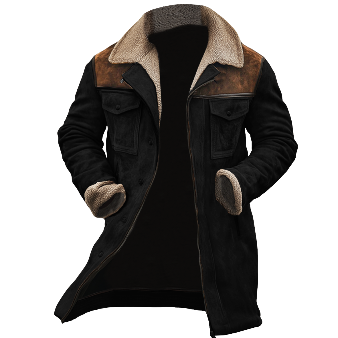 Men's Vintage Suede Patchwork Lamb Fleece Multi-Pocket Reverse Collar Outdoor Jacket Coat