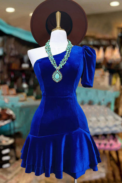 Pretty Ruffled One-Shoulder Velvet Dress