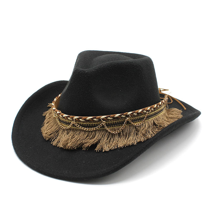 Unisex Fall Vintage Western Cowboy Woolen Tassel Sun Protection Wide Brim Hat