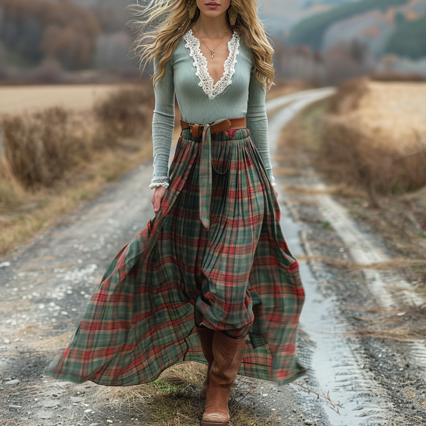 Women's Retro Plaid V-neck Long-sleeved Long Skirt Pastoral Style Dress