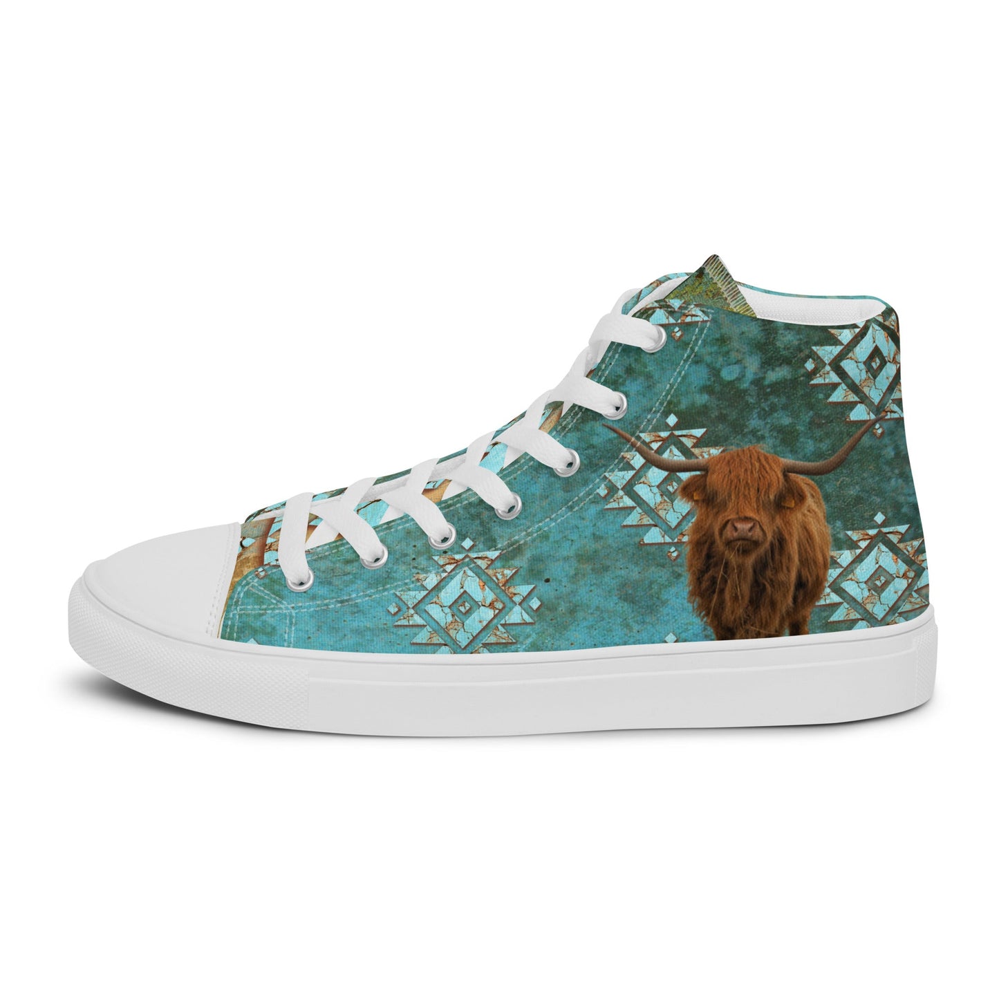 Turquoise Highland Cow Women__ high top canvas shoes