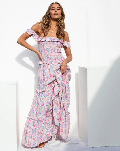 Small Floral Print Fresh and Sweet Breast-Wrap Long Dress