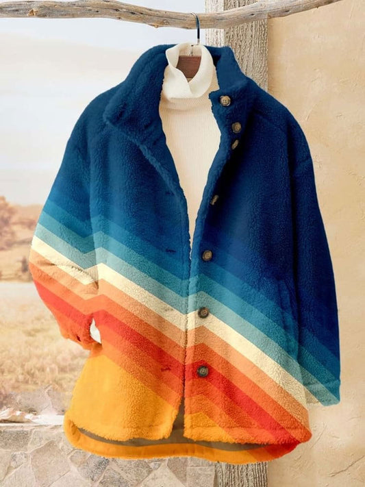 Women's Orange and Blue Stripes Casual Sherpa Coat Cardigan