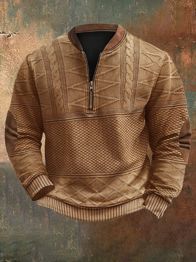 Men's Vintage Country Western Knitted Print Zipper Stand Collar Casual Sweatshirt