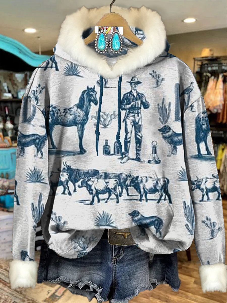 White Vintage Western Cowboy Print Imitation Rabbit Fur Trim Casual Hoodie Sweatshirt