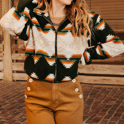 Retro Aztec Pattern Flannel Cropped Jacket