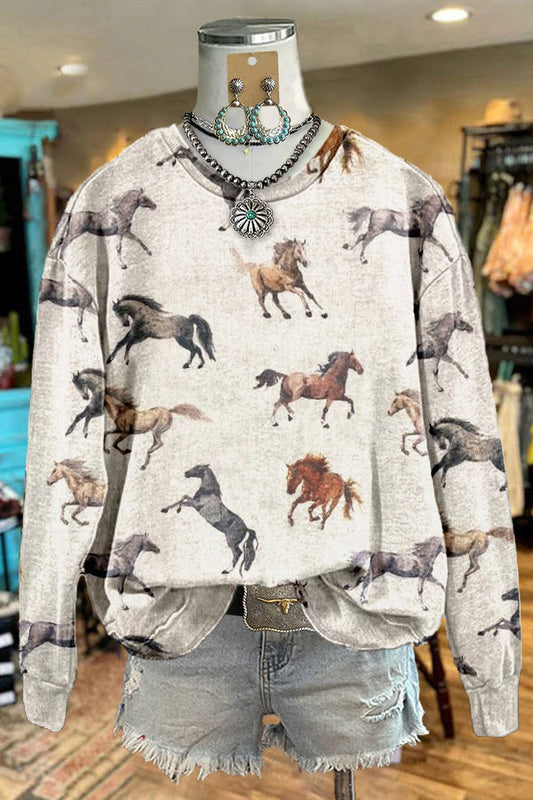 Retro Western Racing Horse Print Sweatshirt