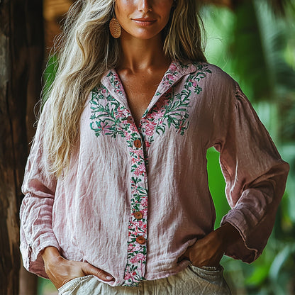 Women's Linen Floral Print V-Neck Shirt