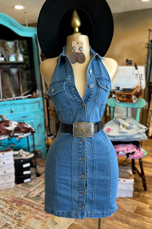 Buttoned Sleeveless Denim Mini Dress