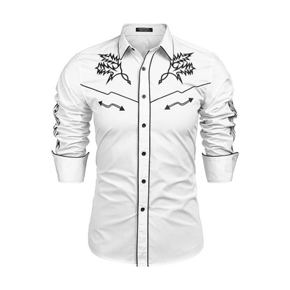 Men's Western Cowboy Shirt Long Sleeve Embroidered Shirt-White