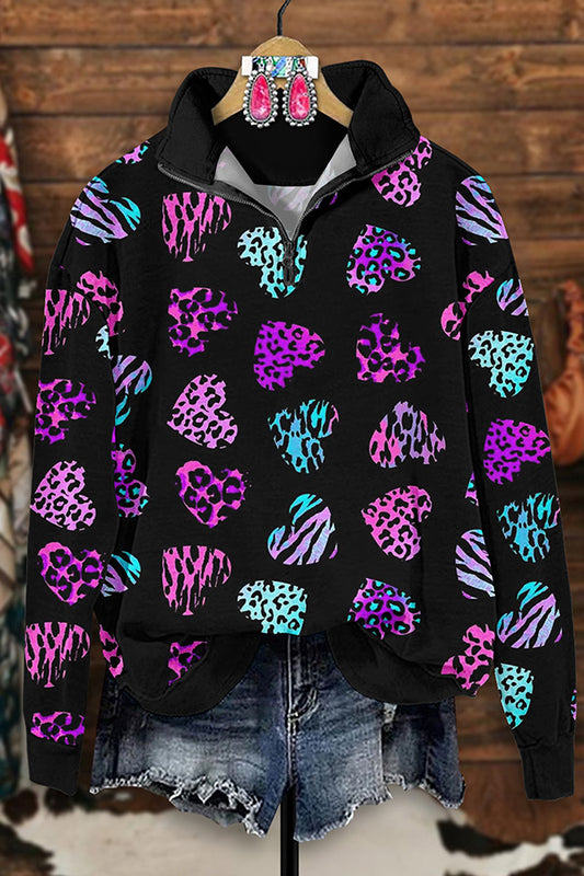 Vintage Western Heart Leopard Print Zip-Up Sweatshirt