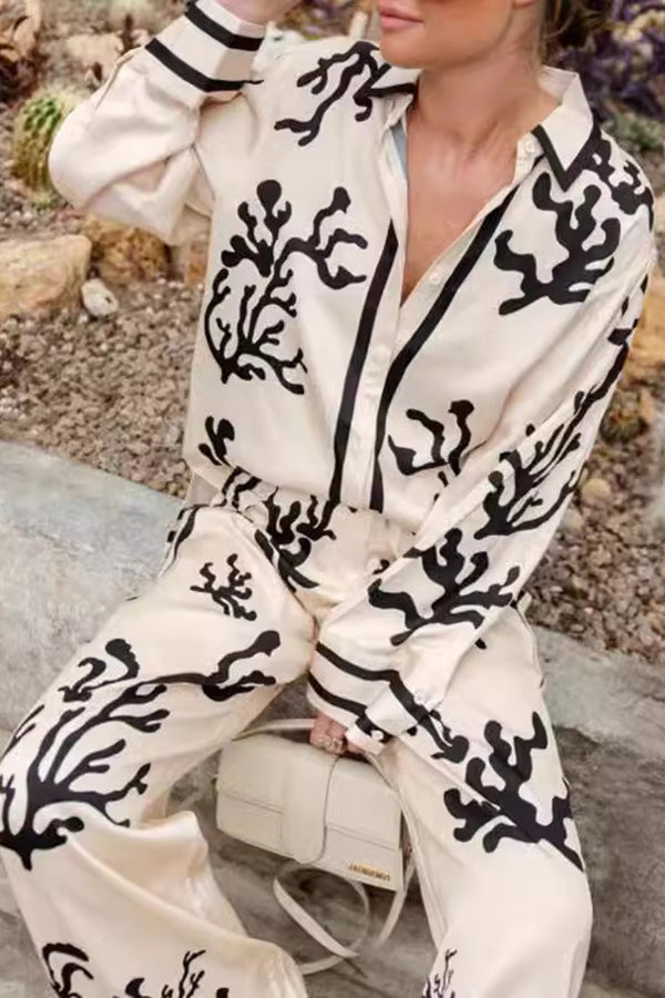 Fashion Floral Print Lapel Long Sleeve Wide Leg Sets