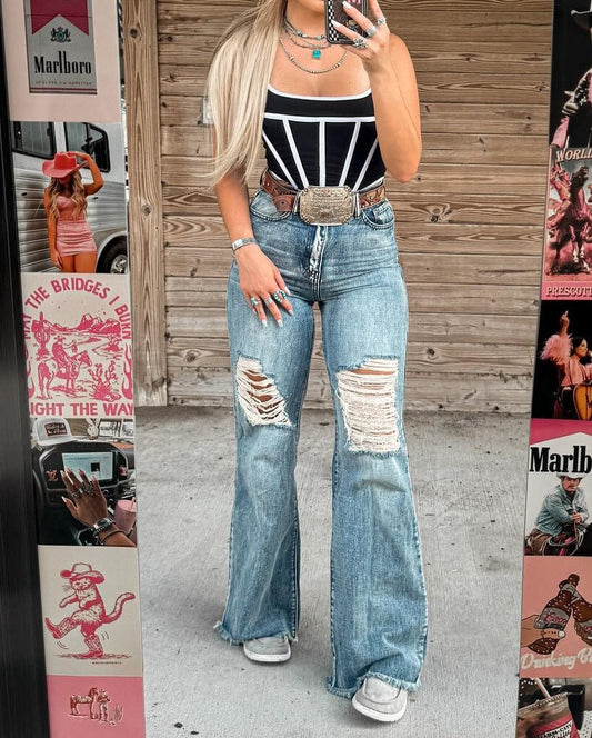 Retro Light Blue High Waist Ripped Jeans