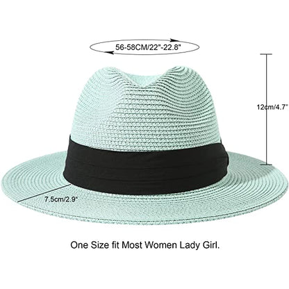 Wide Brim Straw Panama Roll up Hat Belt Buckle Fedora Beach Sun Hat