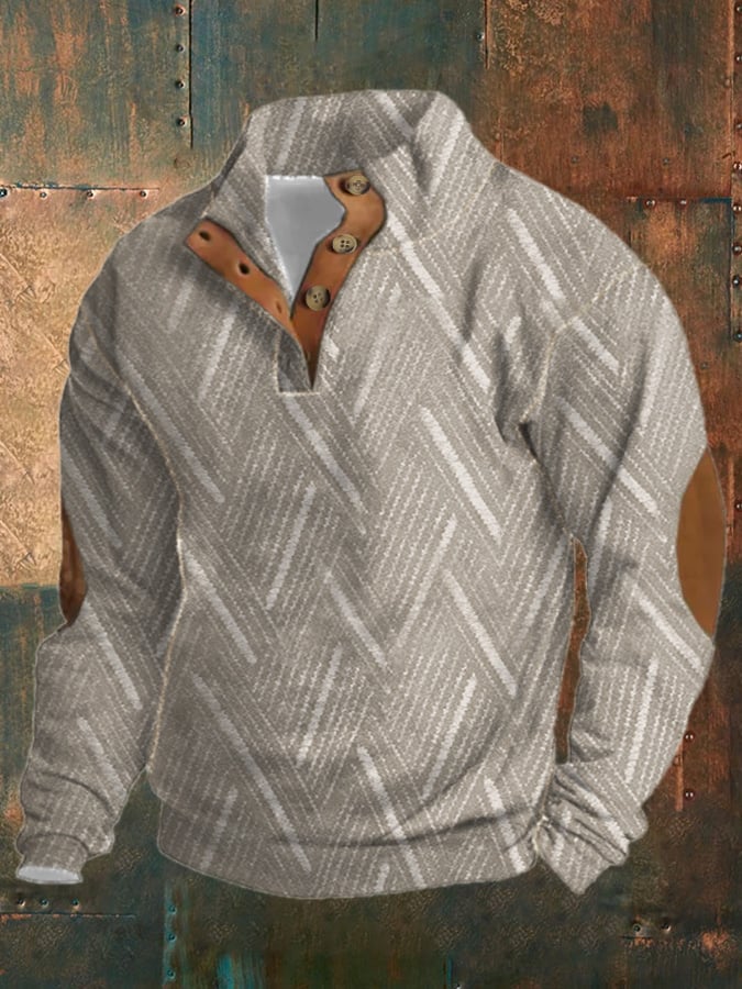 Men's Retro Print Casual Button-Up Sweatshirt