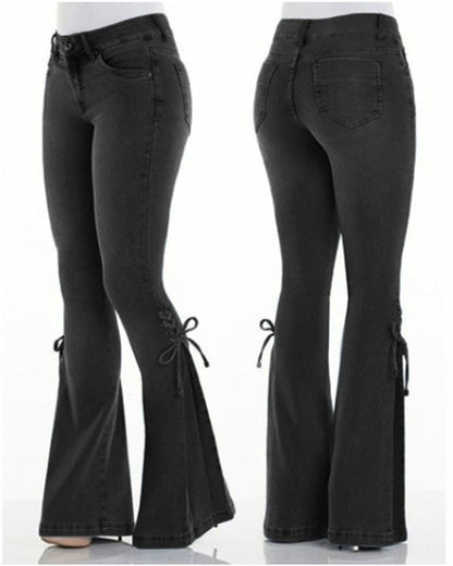 Mid Rise Tie Denim Trousers Stretch Jeans Women's Flare Pants