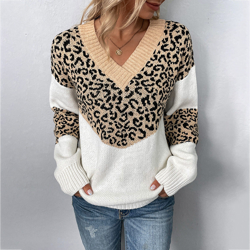 Women's V-neck Pullover Contrasting Leopard Print Sweater