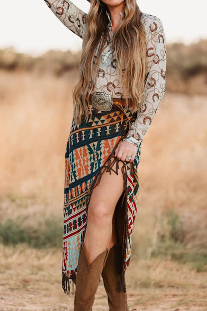 Vintage Aztec Pattern Fringed Slit Skirt