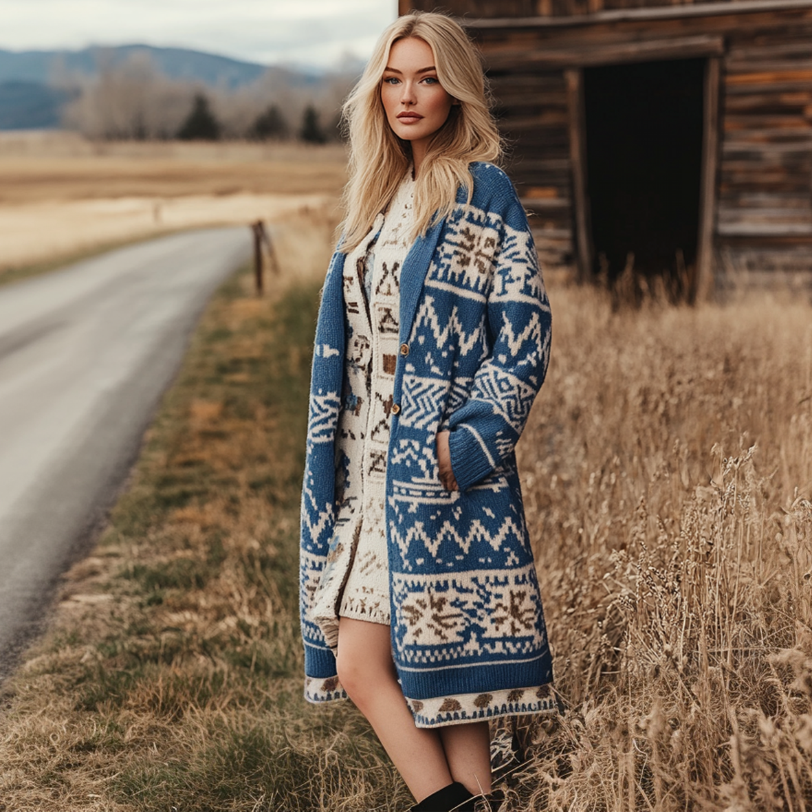 Women's Vintage Western Aztec Print Patterns Blue Long Sleeved Woolen Coat Jacket