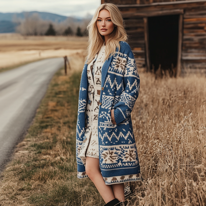 Women's Vintage Western Aztec Print Patterns Blue Long Sleeved Woolen Coat Jacket