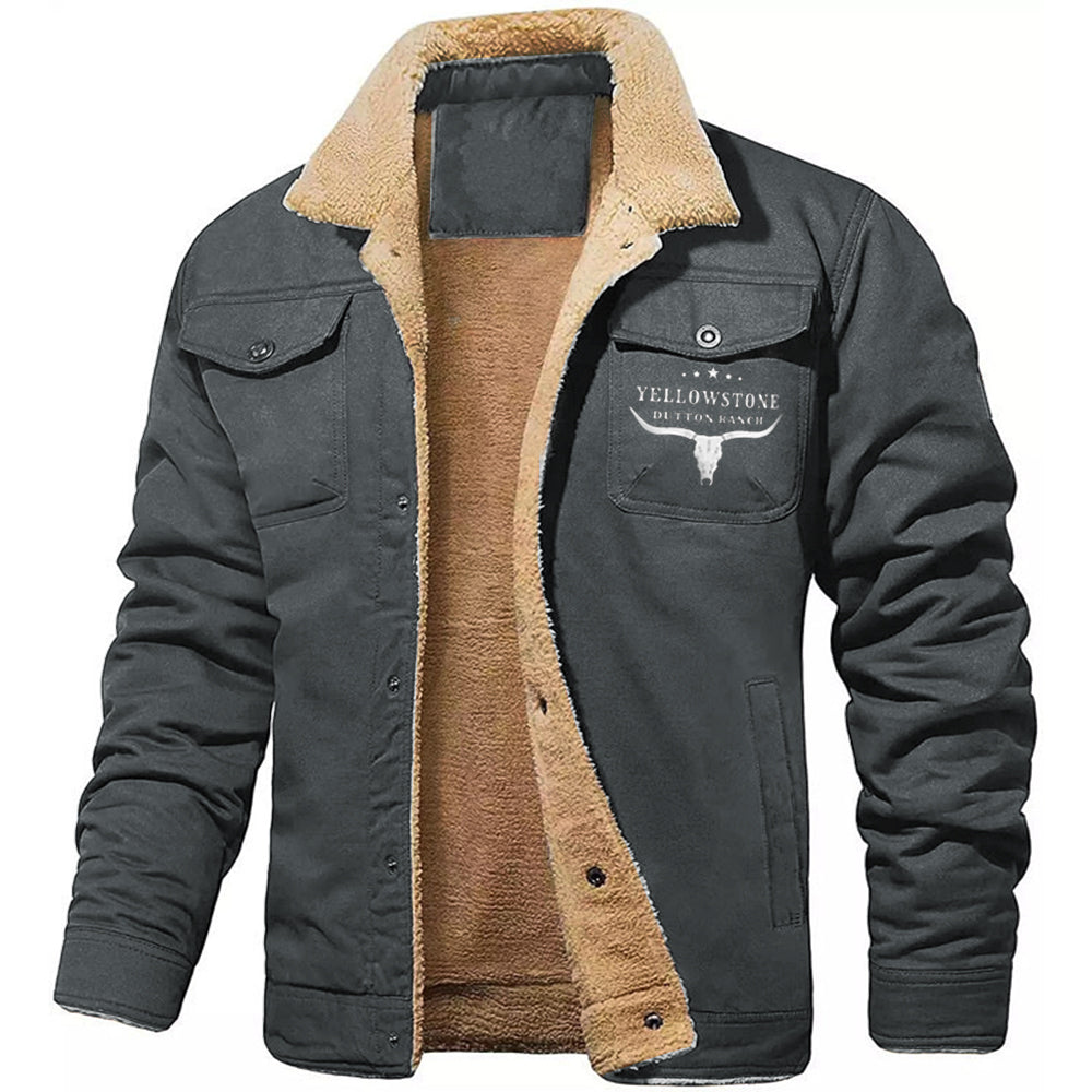 Men's Retro Western Yellowstone Print Fleece Cotton Work Casual Jacket